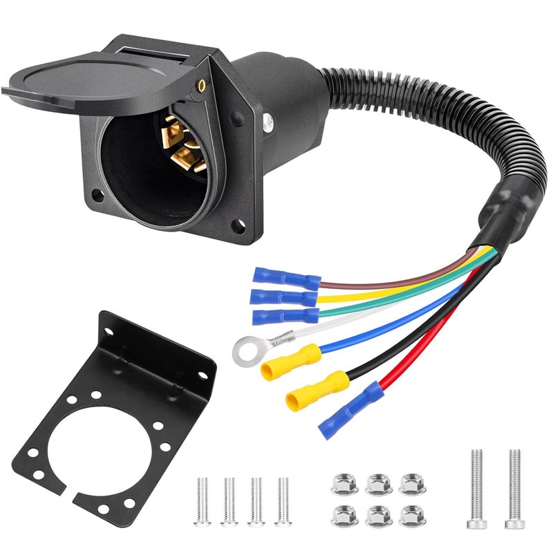 Seamaka 7 Pin Trailer Plug,7 Way Trailer Light Connector Socket,7 Prong Electrical Truck End Wiring Harness Vehicle Side,7 Pin Truck Plug Quick Converter with Mounting Bracket - Image 1
